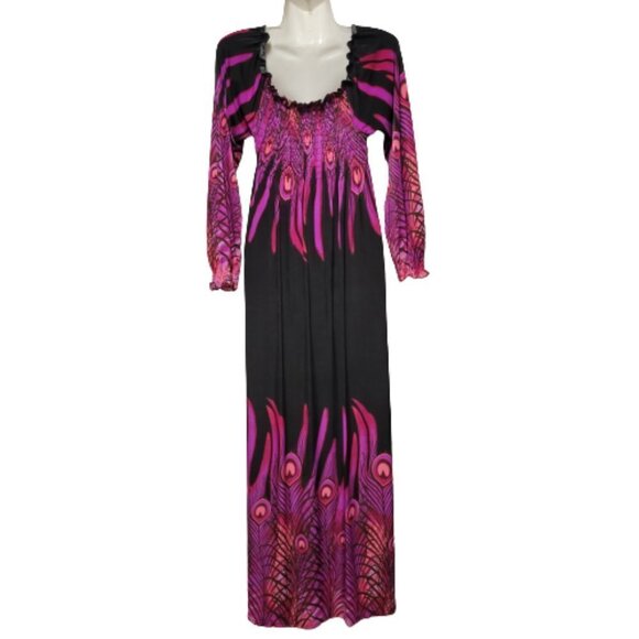 Long Sleeve Maxi Dress Peacok Motif Long Dress - One Size Fits Most- NEW ! - Picture 3 of 11